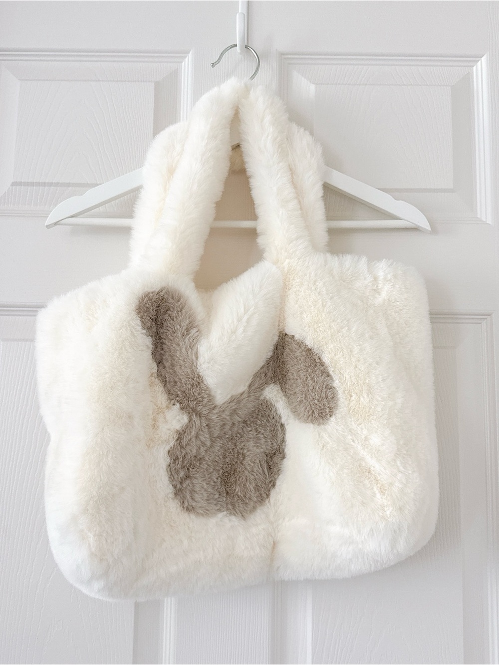 Cute Faux Fur Bunny Tote Bag Plush Cream Shoulder Bag Soft Kawaii Rabbit Purse